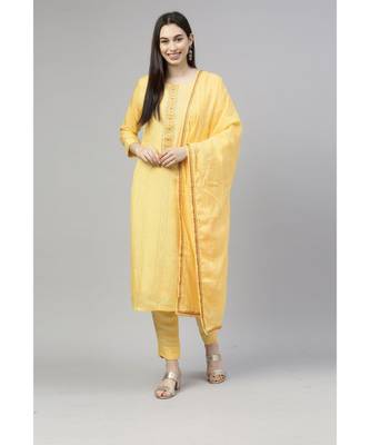 Women Yellow Ethnic Motifs Pure Silk Crochet Work Kurta with Trousers & Dupatta 1