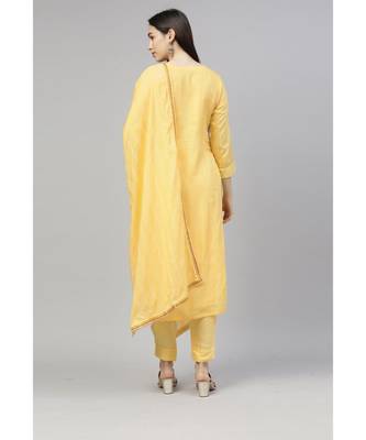 Women Yellow Ethnic Motifs Pure Silk Crochet Work Kurta with Trousers & Dupatta 2