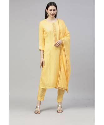 Women Yellow Ethnic Motifs Pure Silk Crochet Work Kurta with Trousers & Dupatta 3