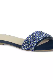 Flat Slides in Suede with Beaded Straps in Blue