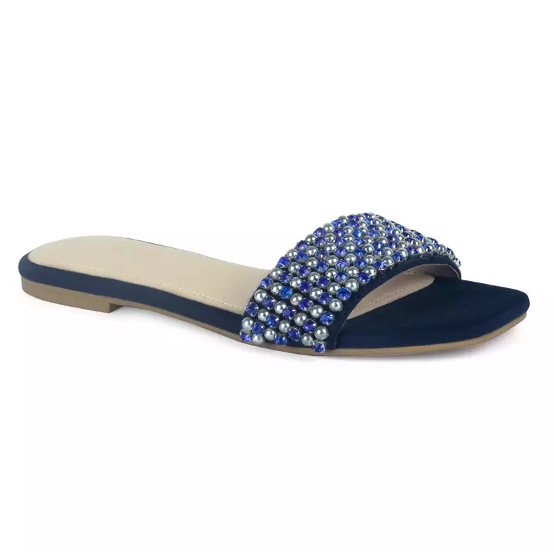 Flat Slides in Suede with Beaded Straps in Blue