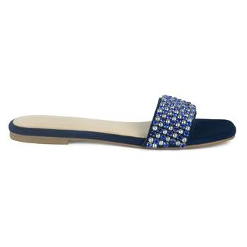 Flat Slides in Suede with Beaded Straps in Blue 2