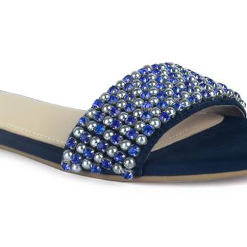 Flat Slides in Suede with Beaded Straps in Blue 4