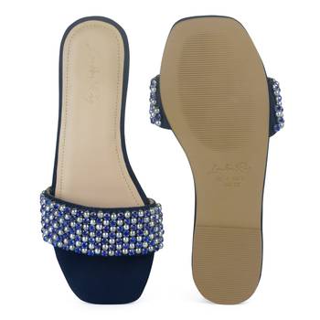 Flat Slides in Suede with Beaded Straps in Blue 5