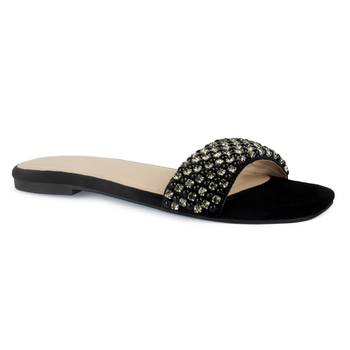 Flat Slides in Suede with Beaded Straps in Black 1