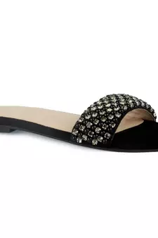 Flat Slides in Suede with Beaded Straps in Black
