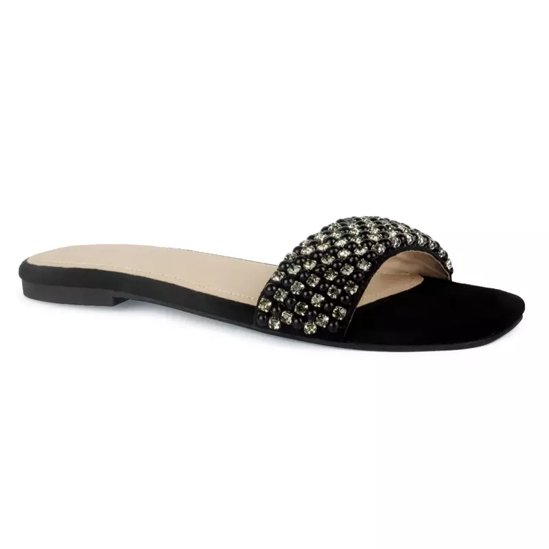 Flat Slides in Suede with Beaded Straps in Black