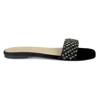 Flat Slides in Suede with Beaded Straps in Black 2