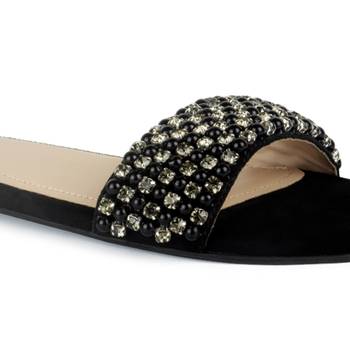 Flat Slides in Suede with Beaded Straps in Black 4