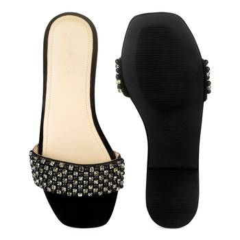 Flat Slides in Suede with Beaded Straps in Black 5