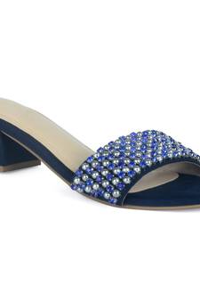 Block Heeled Slides in Suede with Beaded Straps in Blue