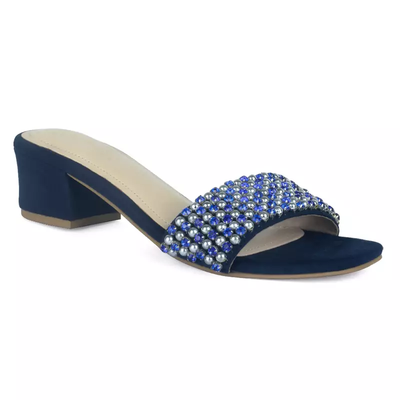 Block Heeled Slides in Suede with Beaded Straps in Blue