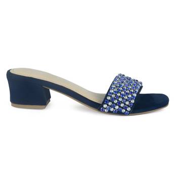 Block Heeled Slides in Suede with Beaded Straps in Blue 2