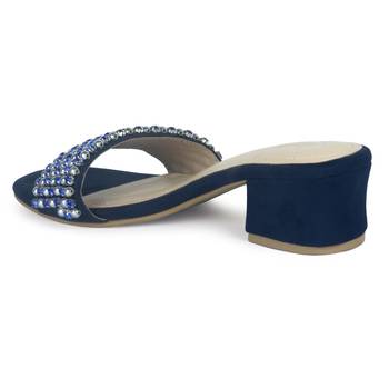 Block Heeled Slides in Suede with Beaded Straps in Blue 3