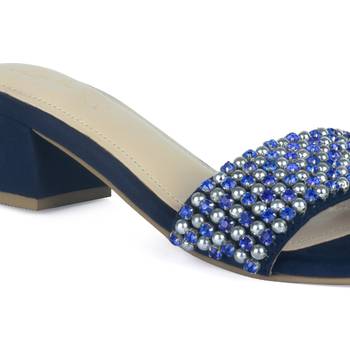 Block Heeled Slides in Suede with Beaded Straps in Blue 4