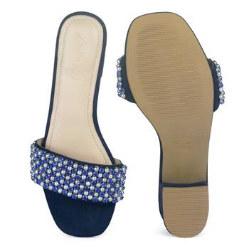 Block Heeled Slides in Suede with Beaded Straps in Blue 5