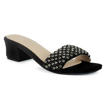 Block Heeled Slides in Suede with Beaded Straps in Black 1