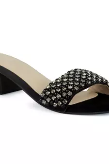 Block Heeled Slides in Suede with Beaded Straps in Black