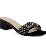 Block Heeled Slides in Suede with Beaded Straps in Black