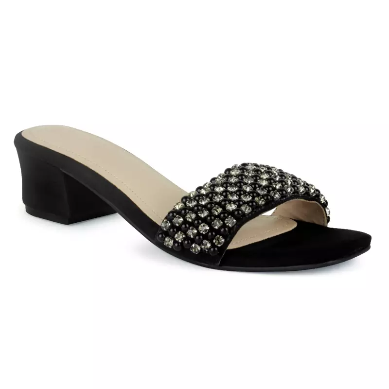 Block Heeled Slides in Suede with Beaded Straps in Black