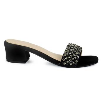 Block Heeled Slides in Suede with Beaded Straps in Black 2