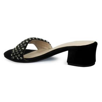 Block Heeled Slides in Suede with Beaded Straps in Black 3