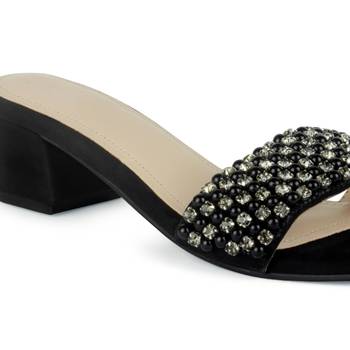 Block Heeled Slides in Suede with Beaded Straps in Black 4