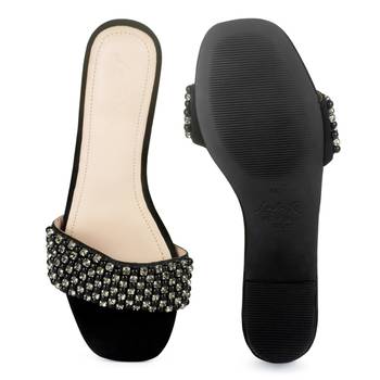 Block Heeled Slides in Suede with Beaded Straps in Black 5