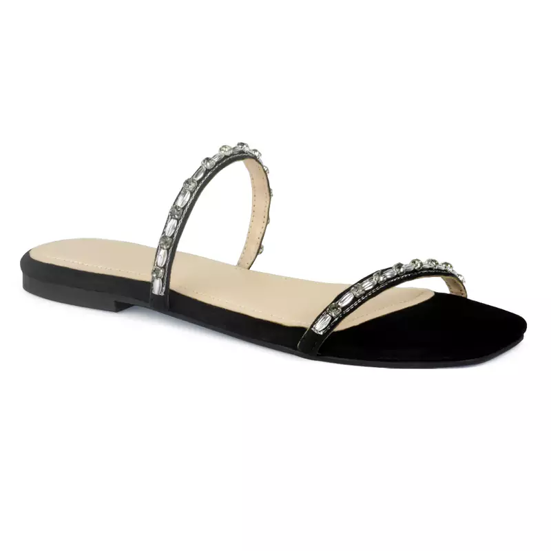 Classic Embellished Flat Slides in Black