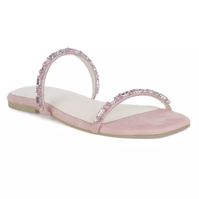 Classic Embellished Flat Slides in Blush