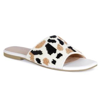 Beaded Satin Strap Flat Slides in White 1