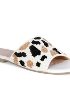 Beaded Satin Strap Flat Slides in White