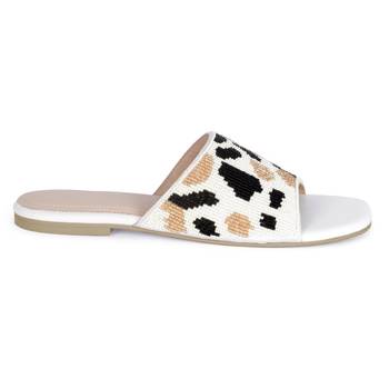 Beaded Satin Strap Flat Slides in White 2