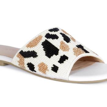 Beaded Satin Strap Flat Slides in White 4