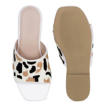 Beaded Satin Strap Flat Slides in White 5