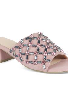 Embellished Broad Strap Block Heeled Slides in Blush