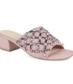 Embellished Broad Strap Block Heeled Slides in Blush