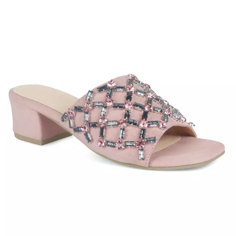 Embellished Broad Strap Block Heeled Slides in Blush