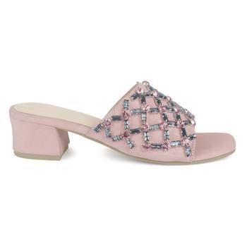 Embellished Broad Strap Block Heeled Slides in Blush 2