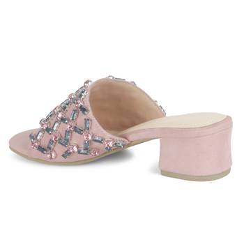 Embellished Broad Strap Block Heeled Slides in Blush 3