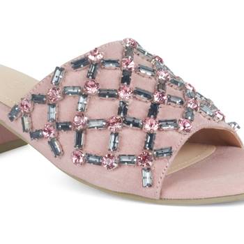 Embellished Broad Strap Block Heeled Slides in Blush 4