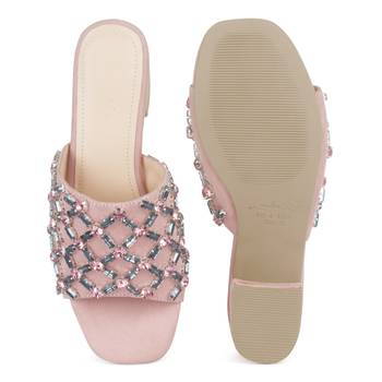 Embellished Broad Strap Block Heeled Slides in Blush 5