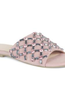 Embellished Broad Strap Flat Slides in Blush