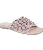 Embellished Broad Strap Flat Slides in Blush