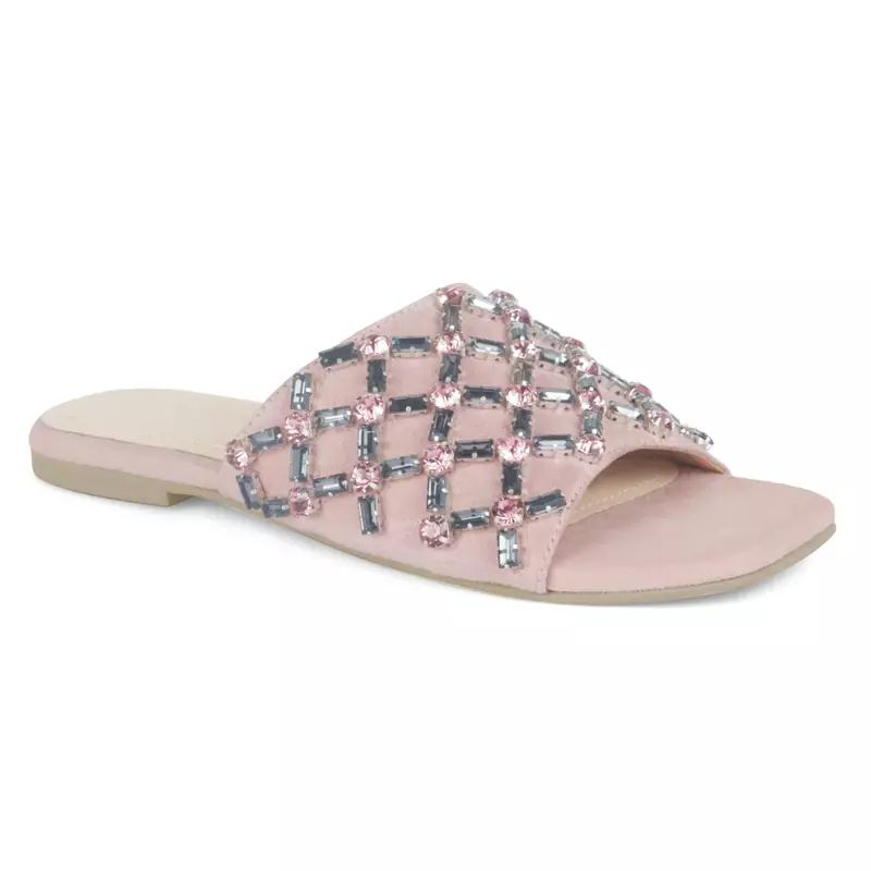 Embellished Broad Strap Flat Slides in Blush
