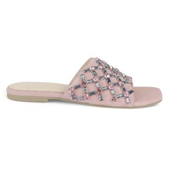 Embellished Broad Strap Flat Slides in Blush 2