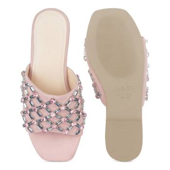 Embellished Broad Strap Flat Slides in Blush 5