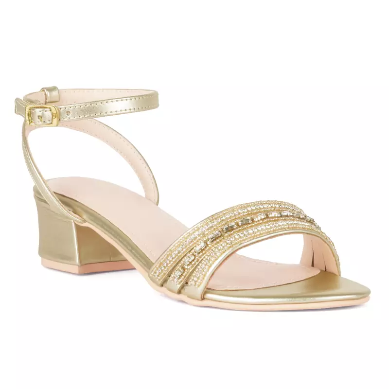 Handcrafted Studded Block Heeled Sandals in Gold