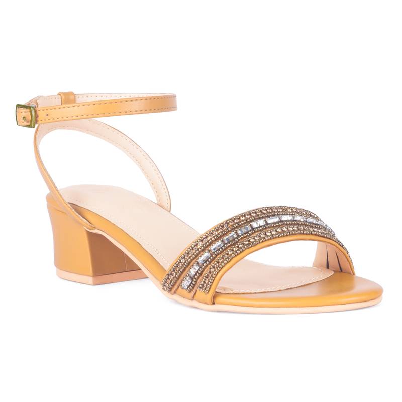 Handcrafted Studded Block Heeled Sandals in Mustard