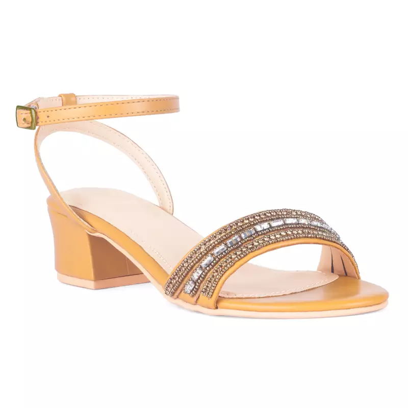 Handcrafted Studded Block Heeled Sandals in Mustard